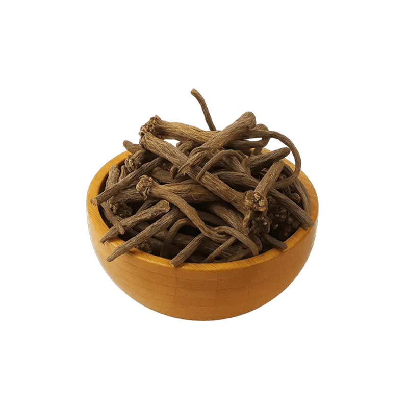 عکس تکه های ریشه عاقرقرحا خشک شده در کاسه چوبی