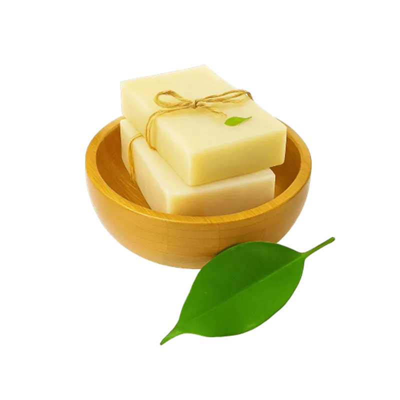 عکس دو تکه صابون گیاهی بسته شده با نخ کنفی در کاسه چوبی به همراه یک برگ در کنار کاسه