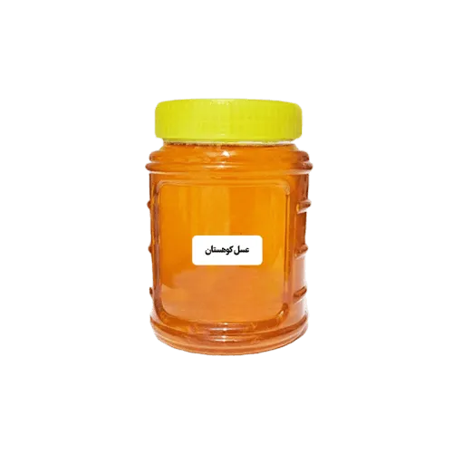 عکس یک شیشه عسل کوهستان با یک برچب روی آن