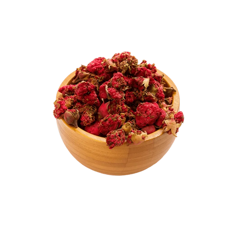 عکس مقداری گل انار (گلنار فارسی) خشک شده در کاسه چوبی