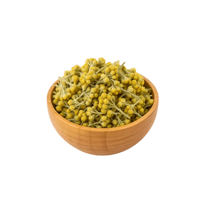 عکس مقداری گل بومادران خشک شده در کاسه چوبی