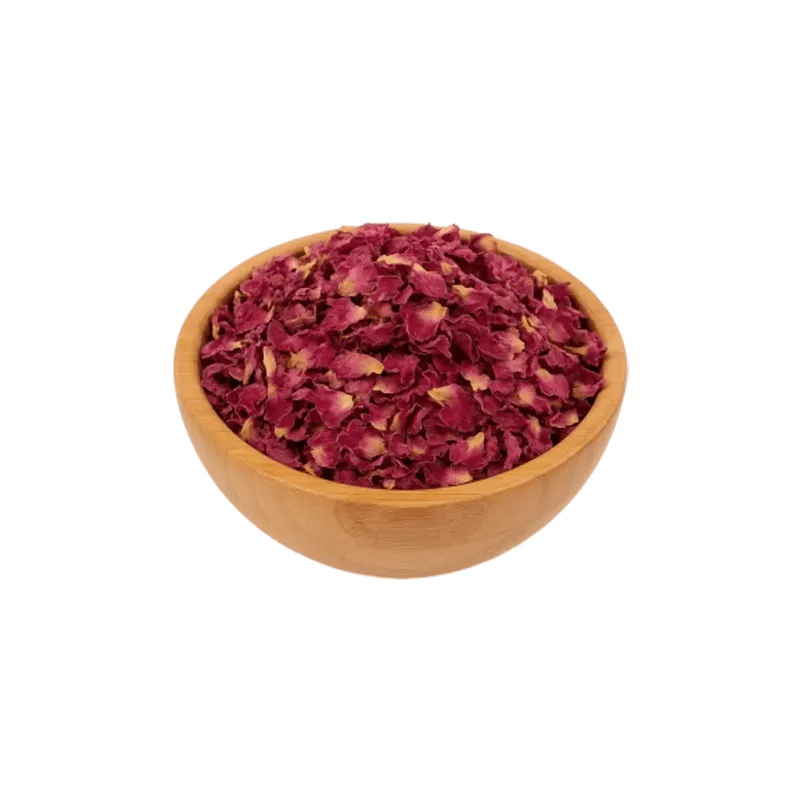 عکس مقداری گل محمدی خشک شده در کاسه چوبی