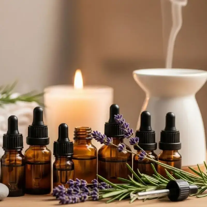 تصویر هفت شیشه روغن گیاهی و شمع و اود و چند ساقه گیاه